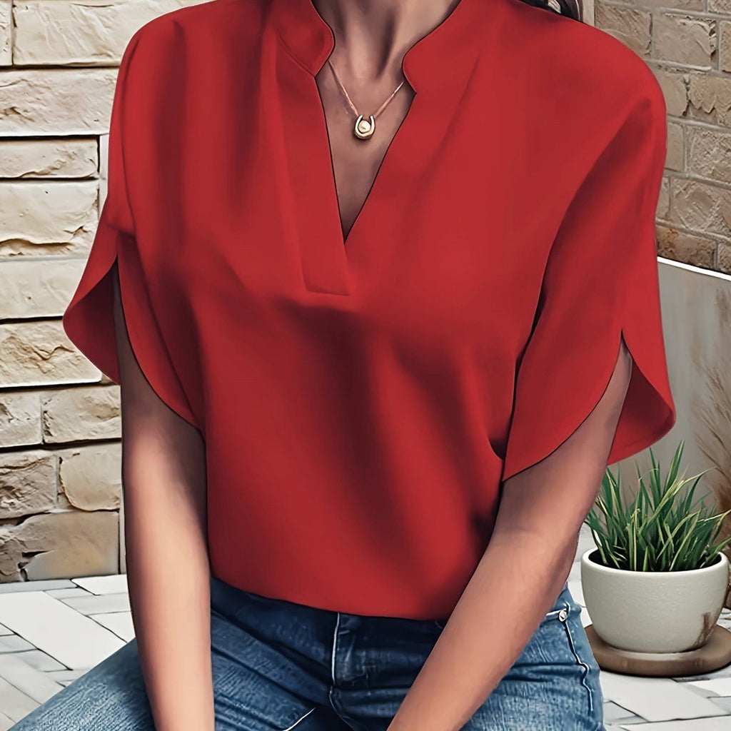 Spring Summer Autumn Simple Solid Color Casual Commuter Shirt / V-Neck Loose Batwing Sleeve Pullover Blouse, Versatile Style   OAXG Deep Red / S
