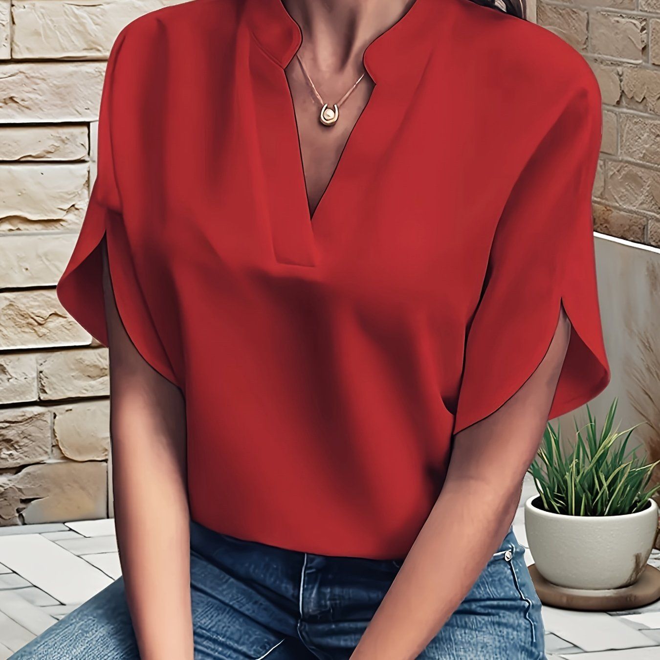 Spring Summer Autumn Simple Solid Color Casual Commuter Shirt / V-Neck Loose Batwing Sleeve Pullover Blouse, Versatile Style   OAXG Deep Red / S