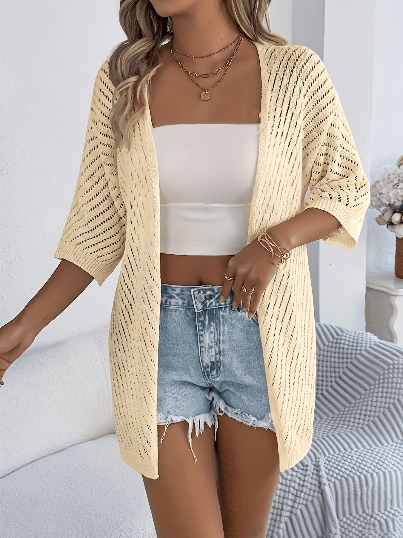 Spring/Summer New Arrival Ladies' Casual Openwork Short-Sleeved Cardigan   OAXG Apricot / S