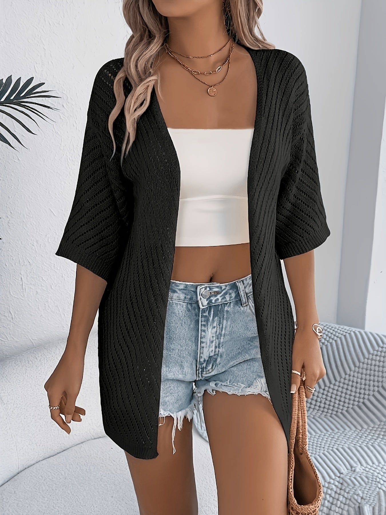Spring/Summer New Arrival Ladies' Casual Openwork Short-Sleeved Cardigan   OAXG Apricot / S