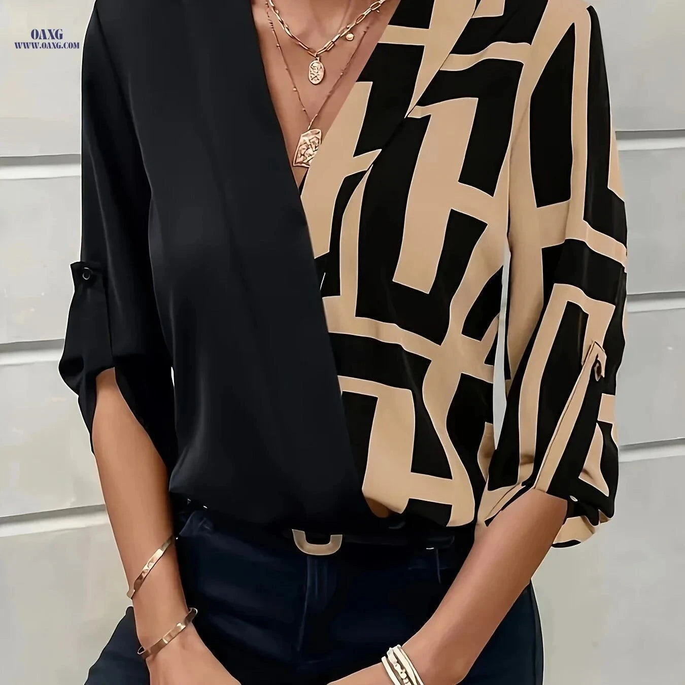 Spring/Summer V-Neck Color Block Shirt - Elegant 3/4 Sleeve Blouse   OAXG Multicolor / S