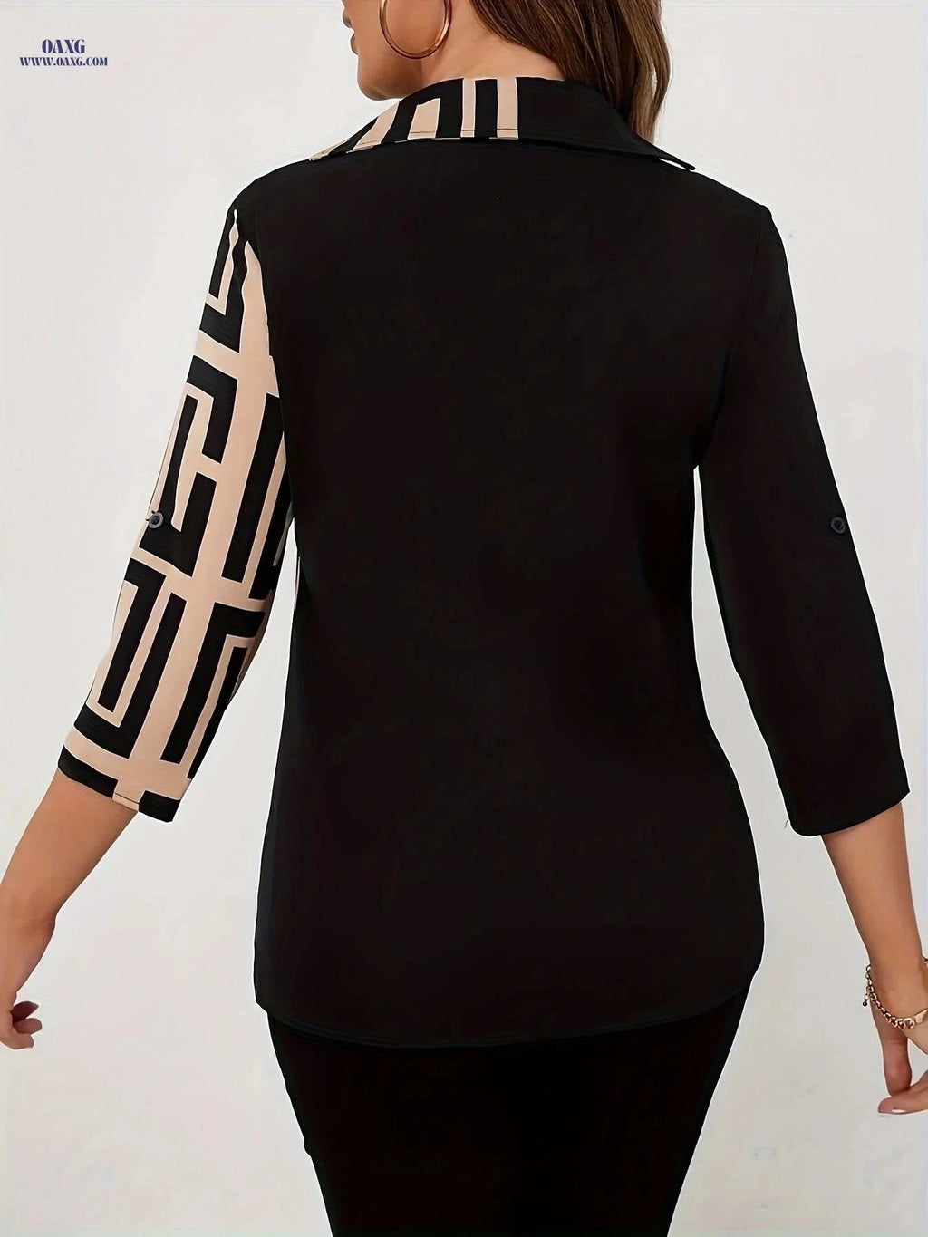 Spring/Summer V-Neck Color Block Shirt - Elegant 3/4 Sleeve Blouse   OAXG Multicolor / S