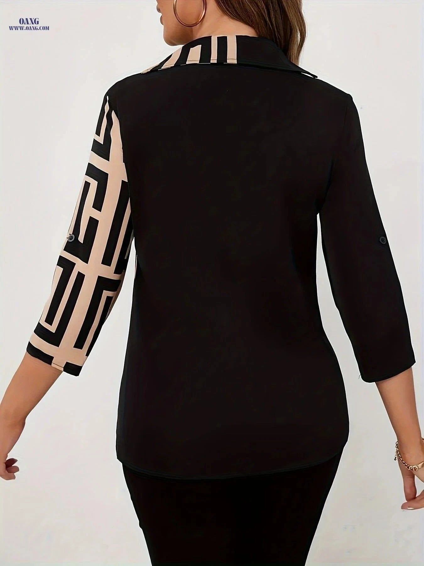 Spring/Summer V-Neck Color Block Shirt - Elegant 3/4 Sleeve Blouse   OAXG Multicolor / S