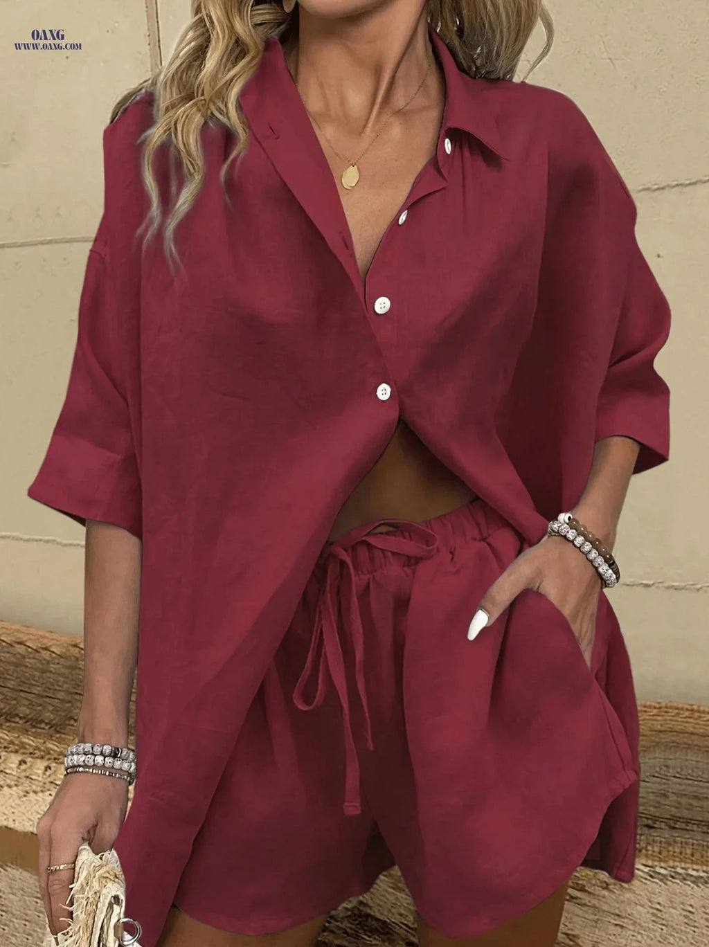 SQ25032715 Solid Color Casual Shirt & Shorts Set - Elegant Spring Style   OAXG 