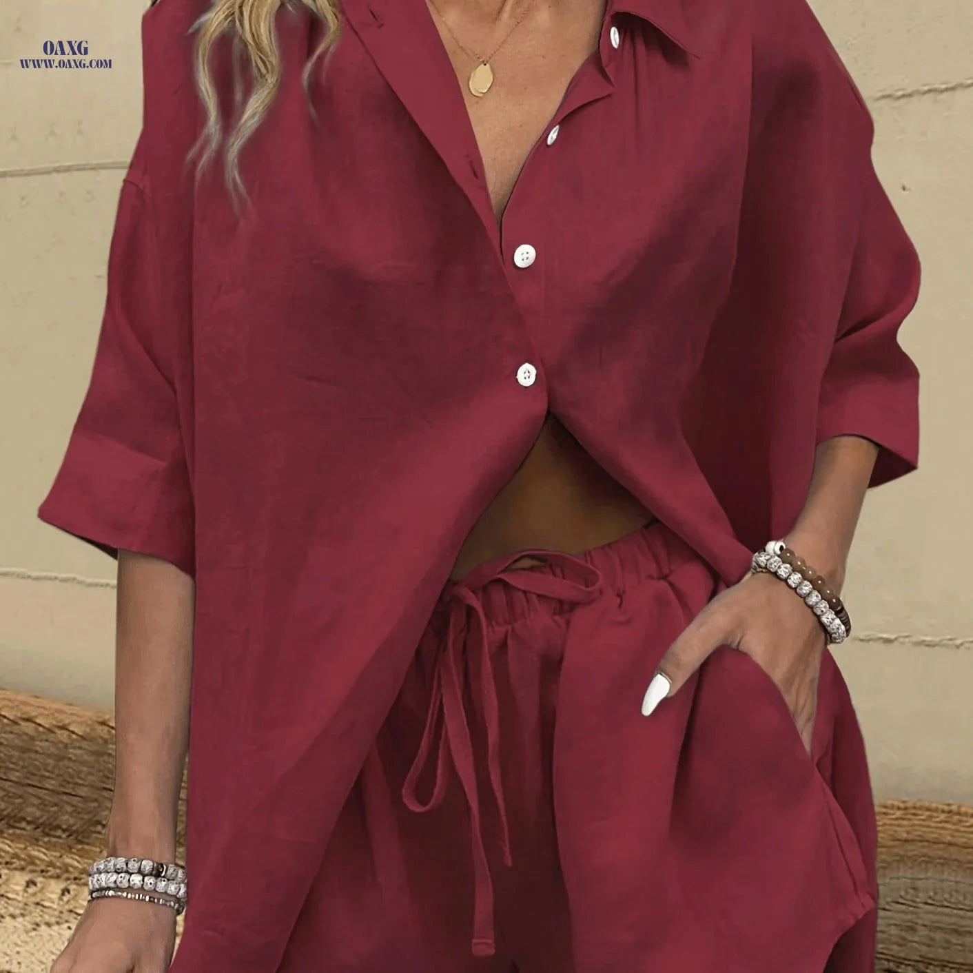 SQ25032715 Solid Color Casual Shirt & Shorts Set - Elegant Spring Style   OAXG Coffee Brown / S