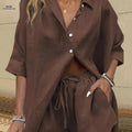 SQ25032715 Solid Color Casual Shirt & Shorts Set - Elegant Spring Style   OAXG Coffee Brown / S