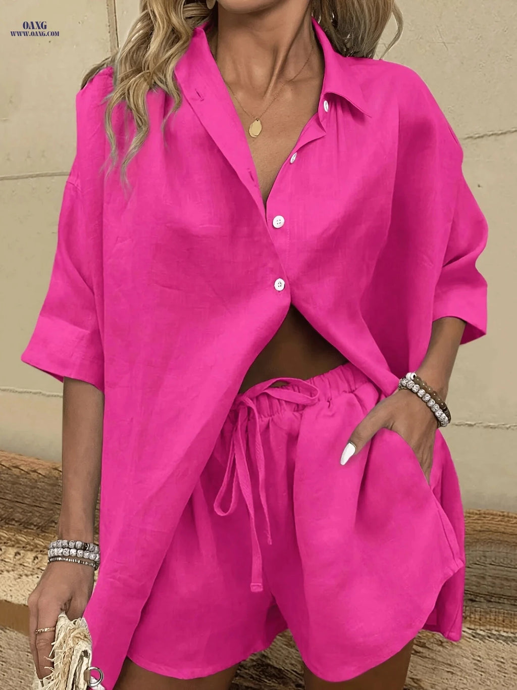 SQ25032715 Solid Color Casual Shirt & Shorts Set - Elegant Spring Style   OAXG 