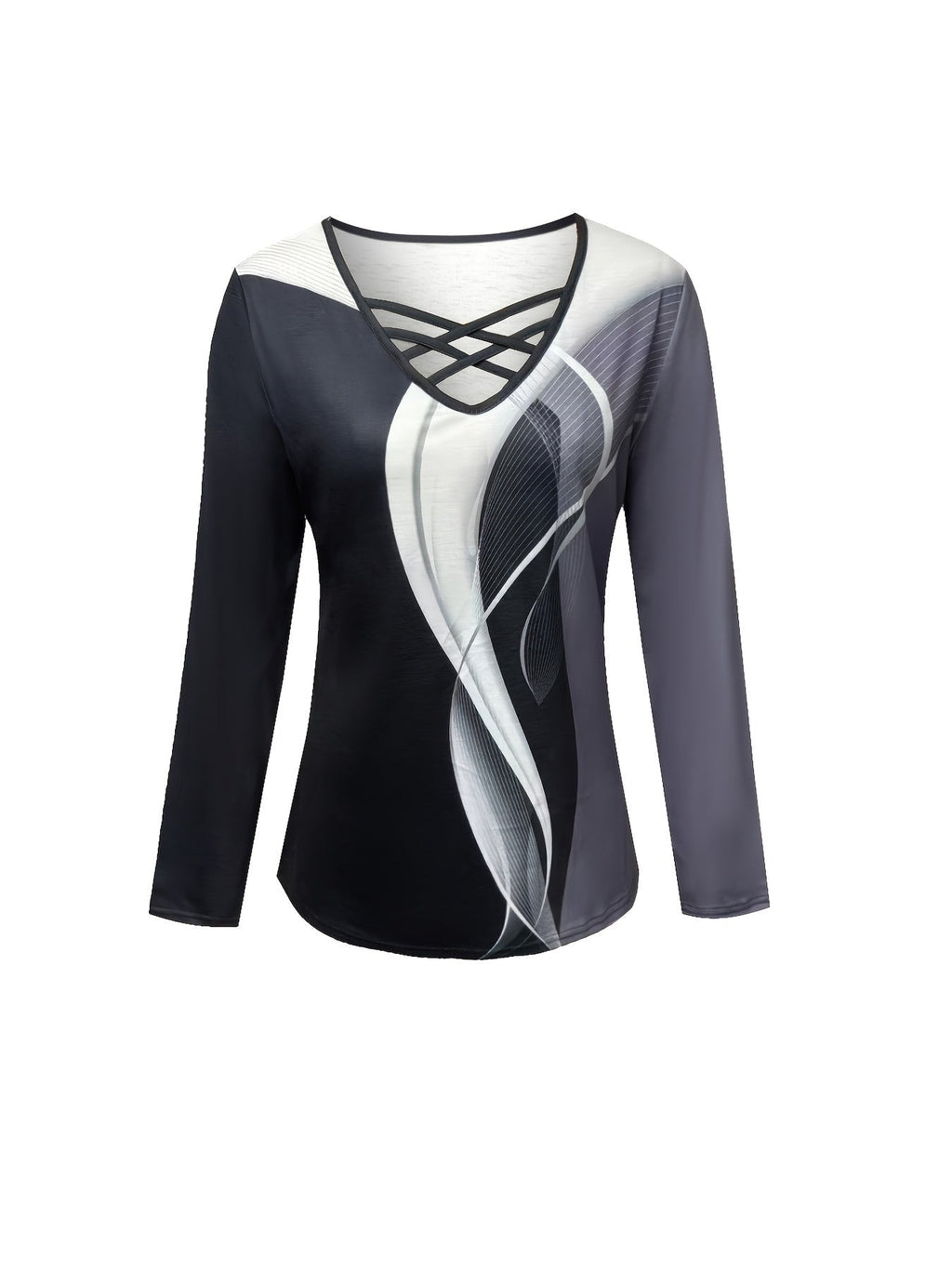 Standard Size Women's Fashion Cross-Strap Print Long Sleeve T-Shirt   OAXG Black / S