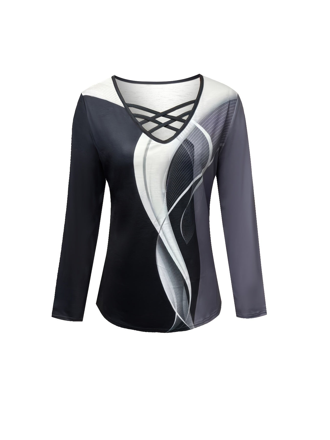 Standard Size Women's Fashion Cross-Strap Print Long Sleeve T-Shirt   OAXG Black / S