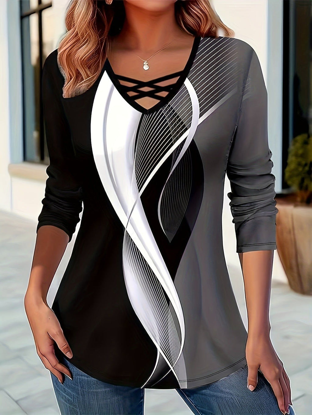 Standard Size Women's Fashion Cross-Strap Print Long Sleeve T-Shirt   OAXG Black / S