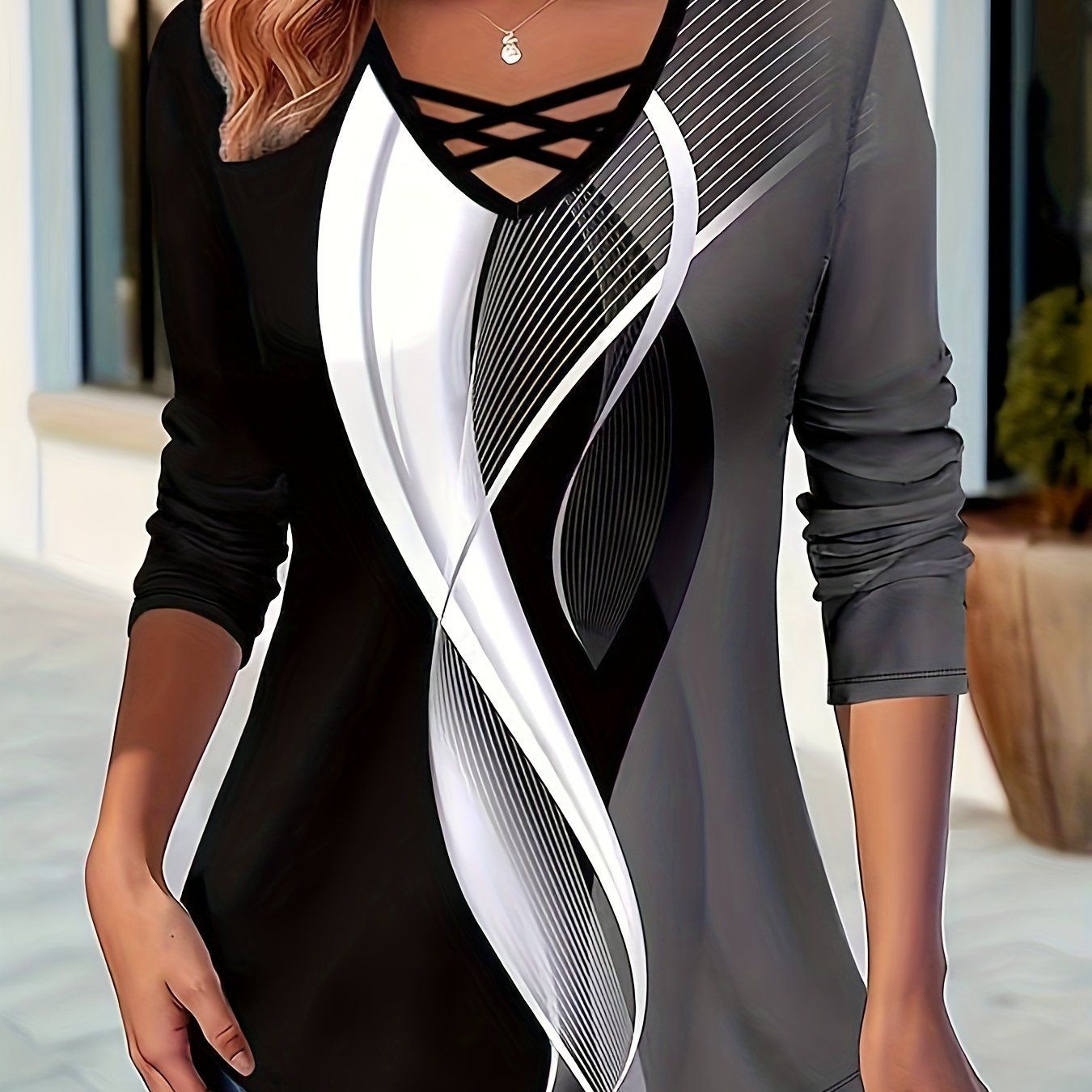 Standard Size Women's Fashion Cross-Strap Print Long Sleeve T-Shirt   OAXG Black / S
