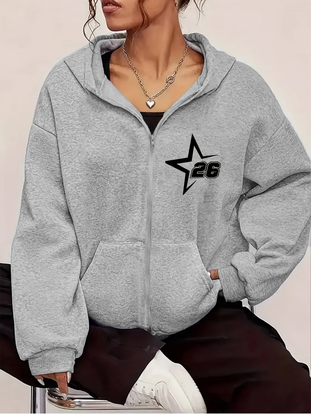Star Art Letter Print - Y2K Casual Style Zip-Up Hoodie, Fashionable and Comfortable Jacket for All Seasons | Cozy Fabric   OAXG Black / S