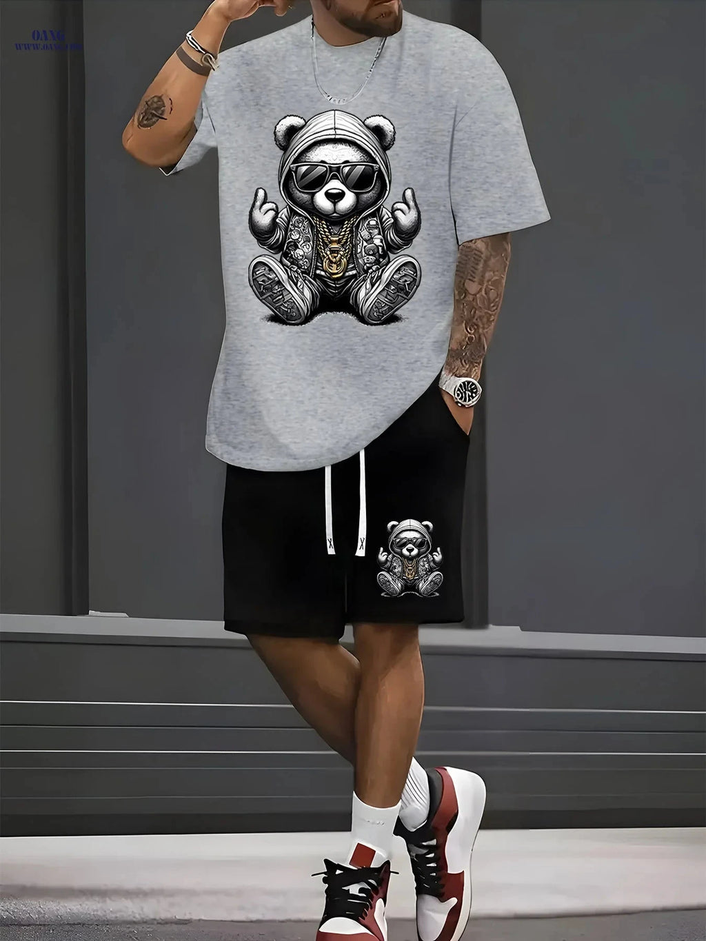 Steel Bear Print Men's Casual T-shirt & Shorts Set - Summer Ready   OAXG Black / FR S
