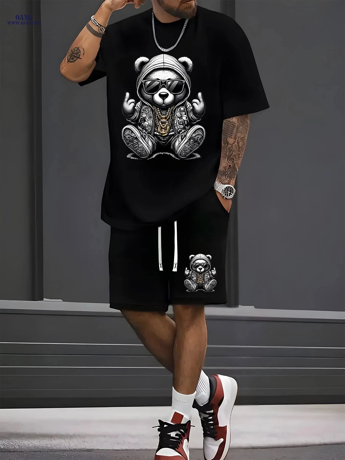 Steel Bear Print Men's Casual T-shirt & Shorts Set - Summer Ready   OAXG Black / FR S