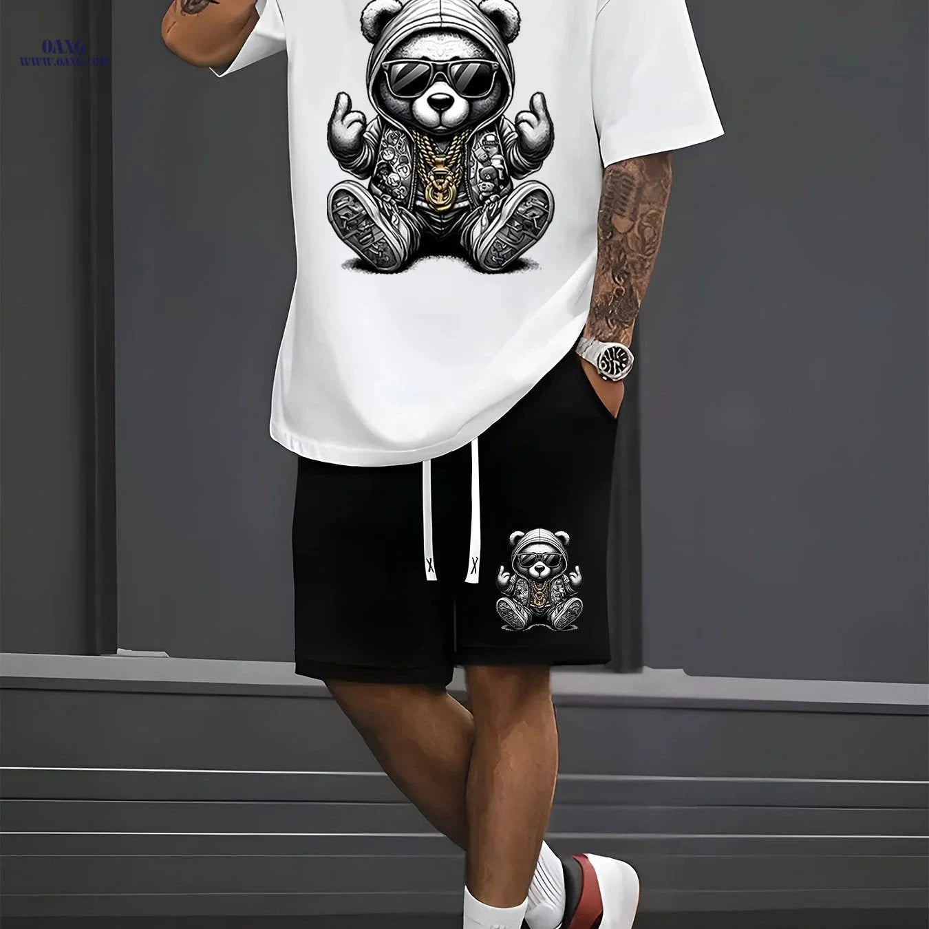 Steel Bear Print Men's Casual T-shirt & Shorts Set - Summer Ready   OAXG Black / FR S