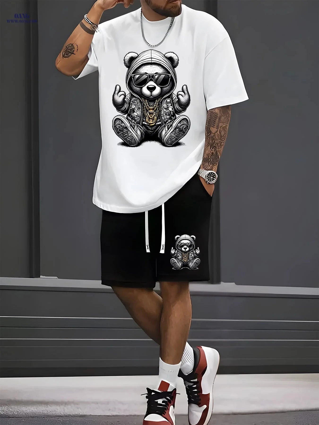 Steel Bear Print Men's Casual T-shirt & Shorts Set - Summer Ready   OAXG Black / FR S