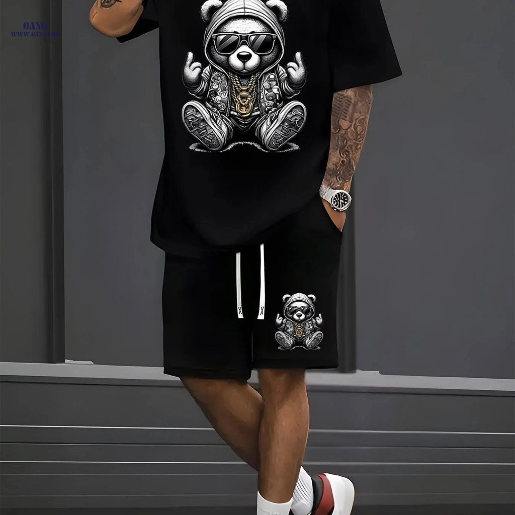 Steel Bear Print Men's Casual T-shirt & Shorts Set - Summer Ready   OAXG Black / FR S