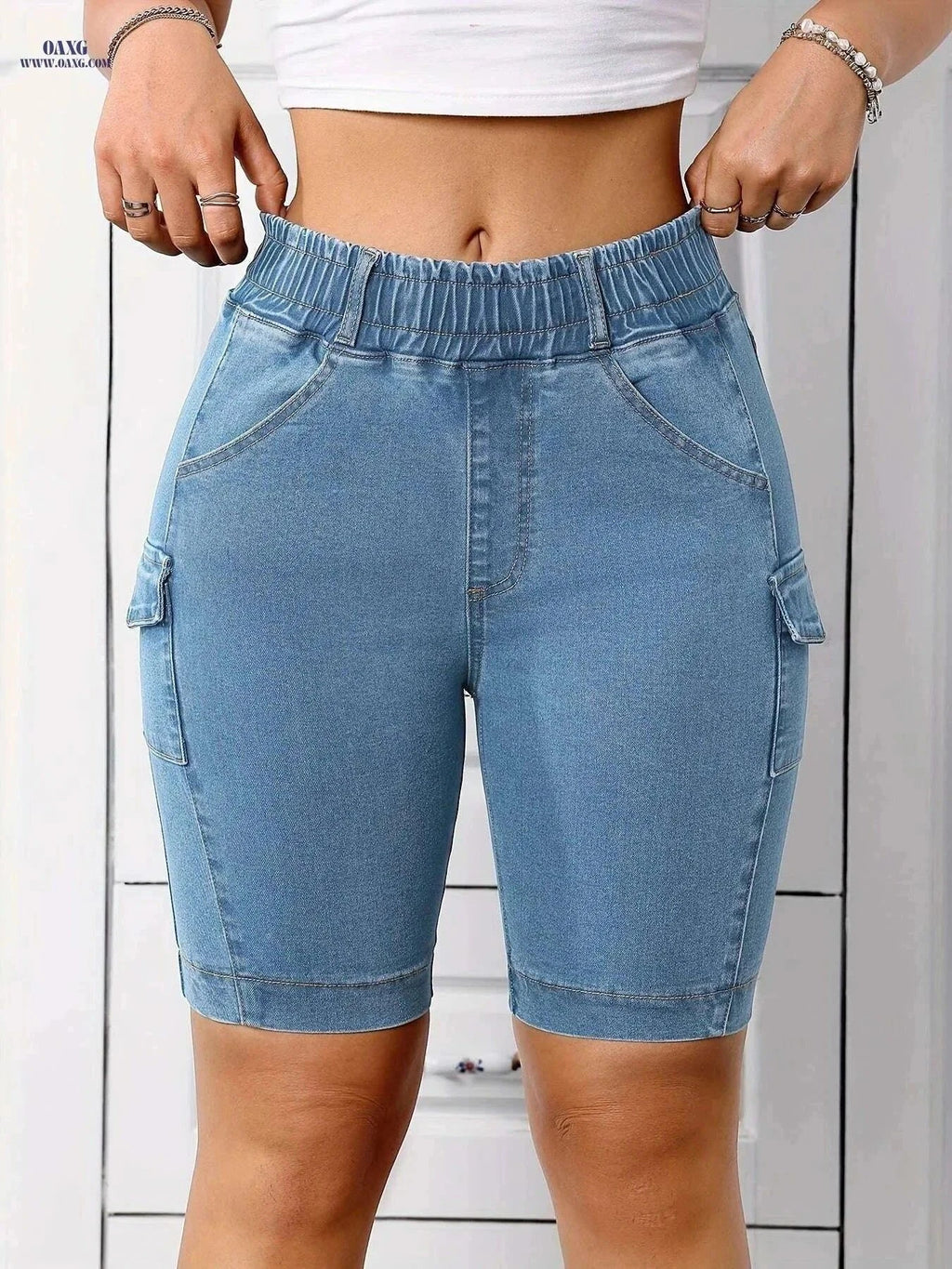 Stretch Fabric Women's Denim Shorts - Casual, Mid-Rise with Pockets   OAXG Deep Blue / S
