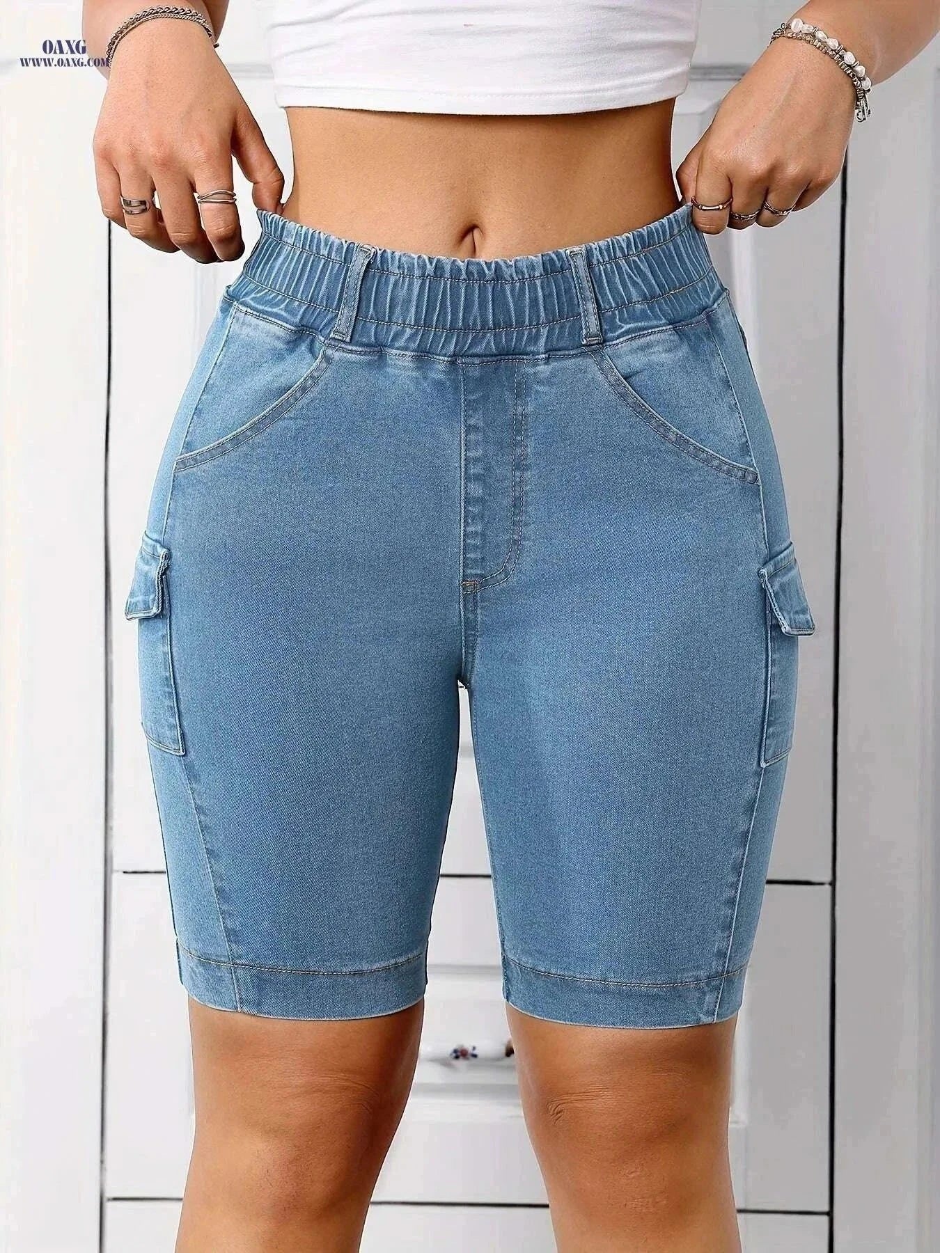 Stretch Fabric Women's Denim Shorts - Casual, Mid-Rise with Pockets   OAXG Deep Blue / S