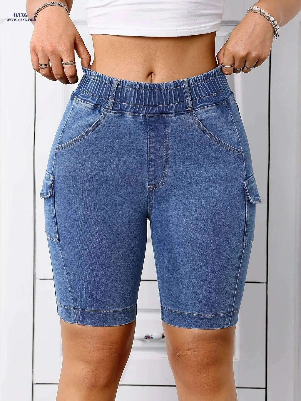 Stretch Fabric Women's Denim Shorts - Casual, Mid-Rise with Pockets   OAXG Deep Blue / S