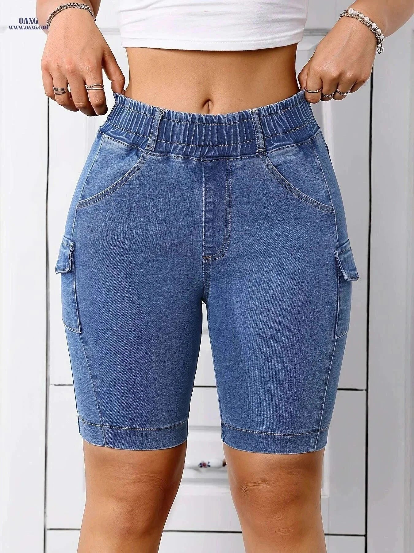 Stretch Fabric Women's Denim Shorts - Casual, Mid-Rise with Pockets   OAXG Deep Blue / S