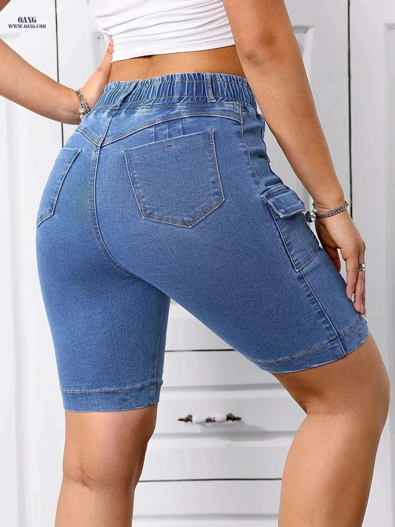 Stretch Fabric Women's Denim Shorts - Casual, Mid-Rise with Pockets   OAXG Deep Blue / S