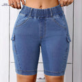 Stretch Fabric Women's Denim Shorts - Casual, Mid-Rise with Pockets   OAXG Deep Blue / S