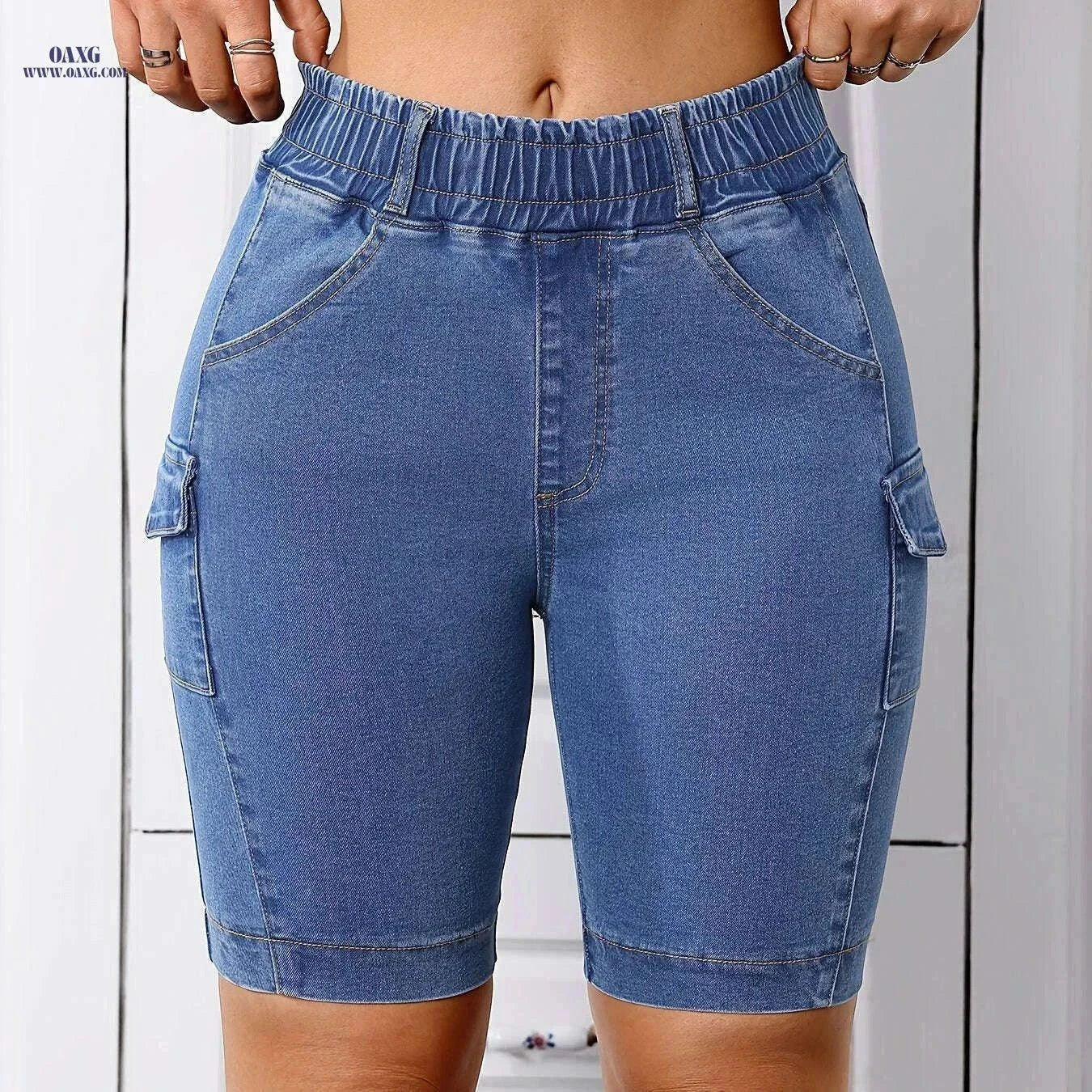 Stretch Fabric Women's Denim Shorts - Casual, Mid-Rise with Pockets   OAXG Deep Blue / S