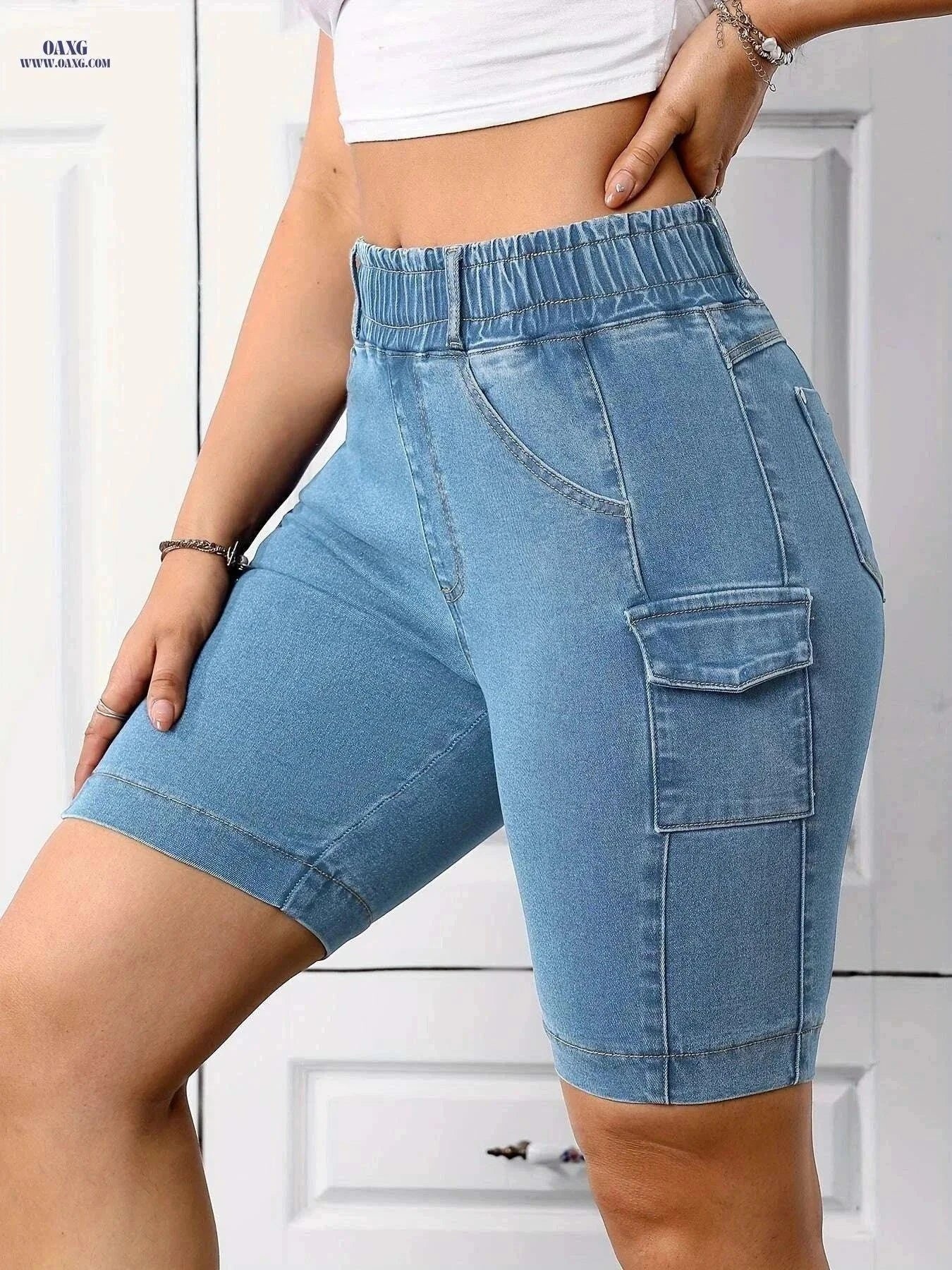 Stretch Fabric Women's Denim Shorts - Casual, Mid-Rise with Pockets   OAXG Deep Blue / S