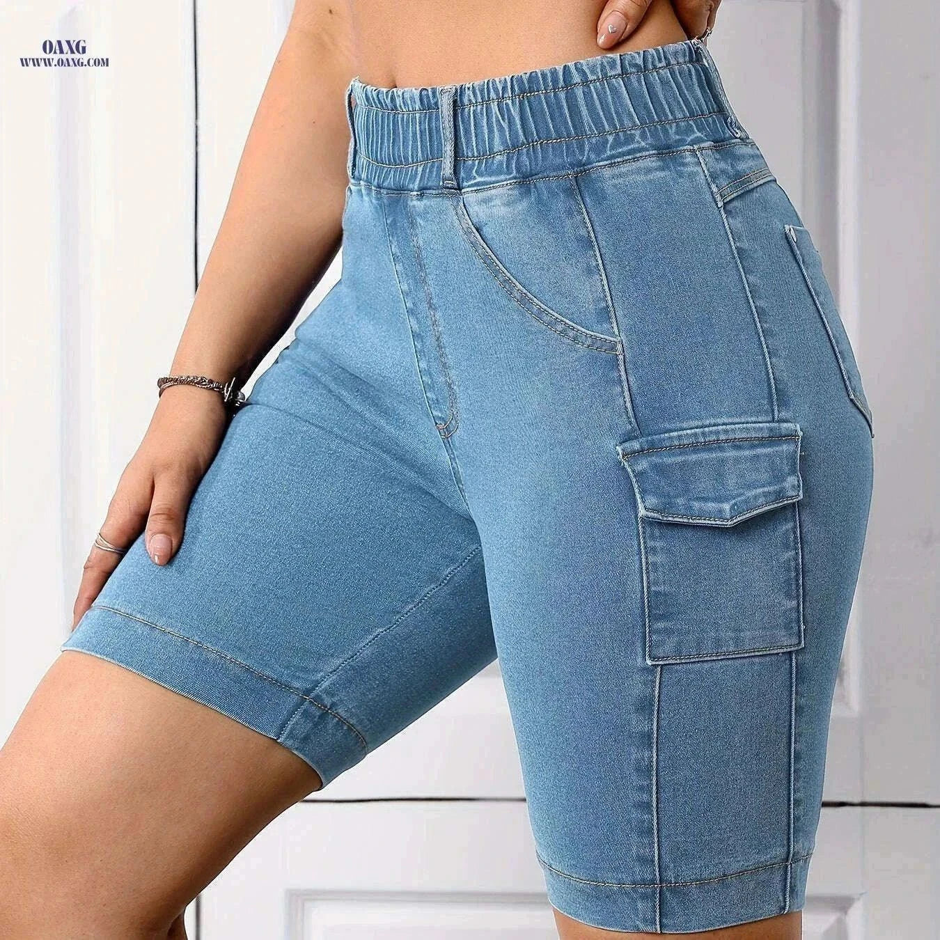 Stretch Fabric Women's Denim Shorts - Casual, Mid-Rise with Pockets   OAXG Deep Blue / S