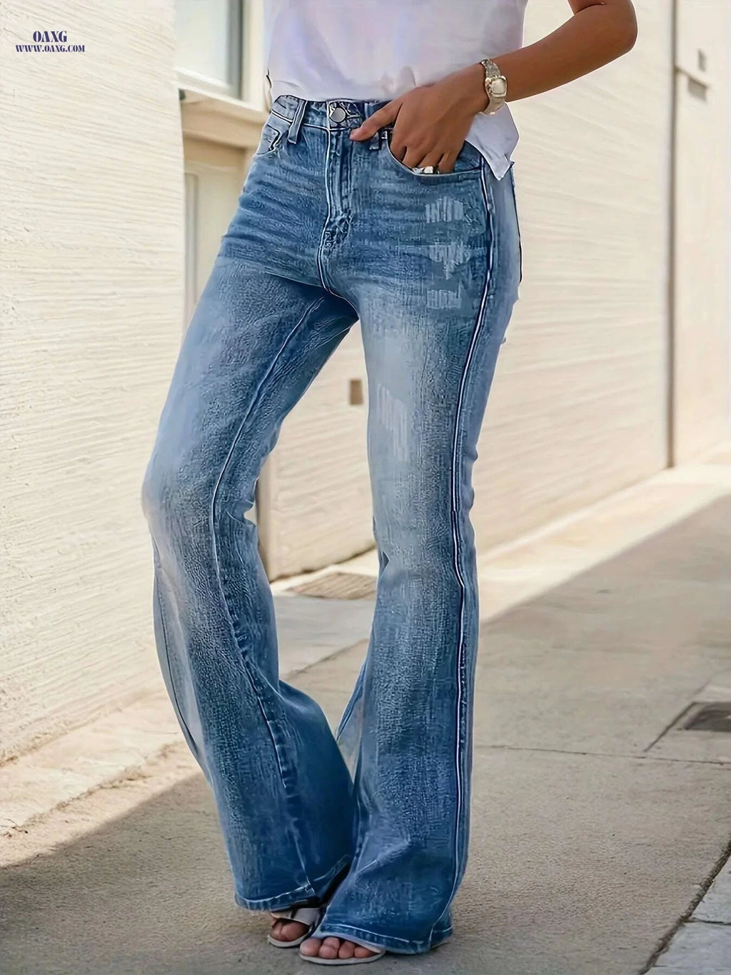 Stretchy Vintage High-Waisted Denim Flare Jeans - Women's Casual Wear   OAXG Peacock Blue / S