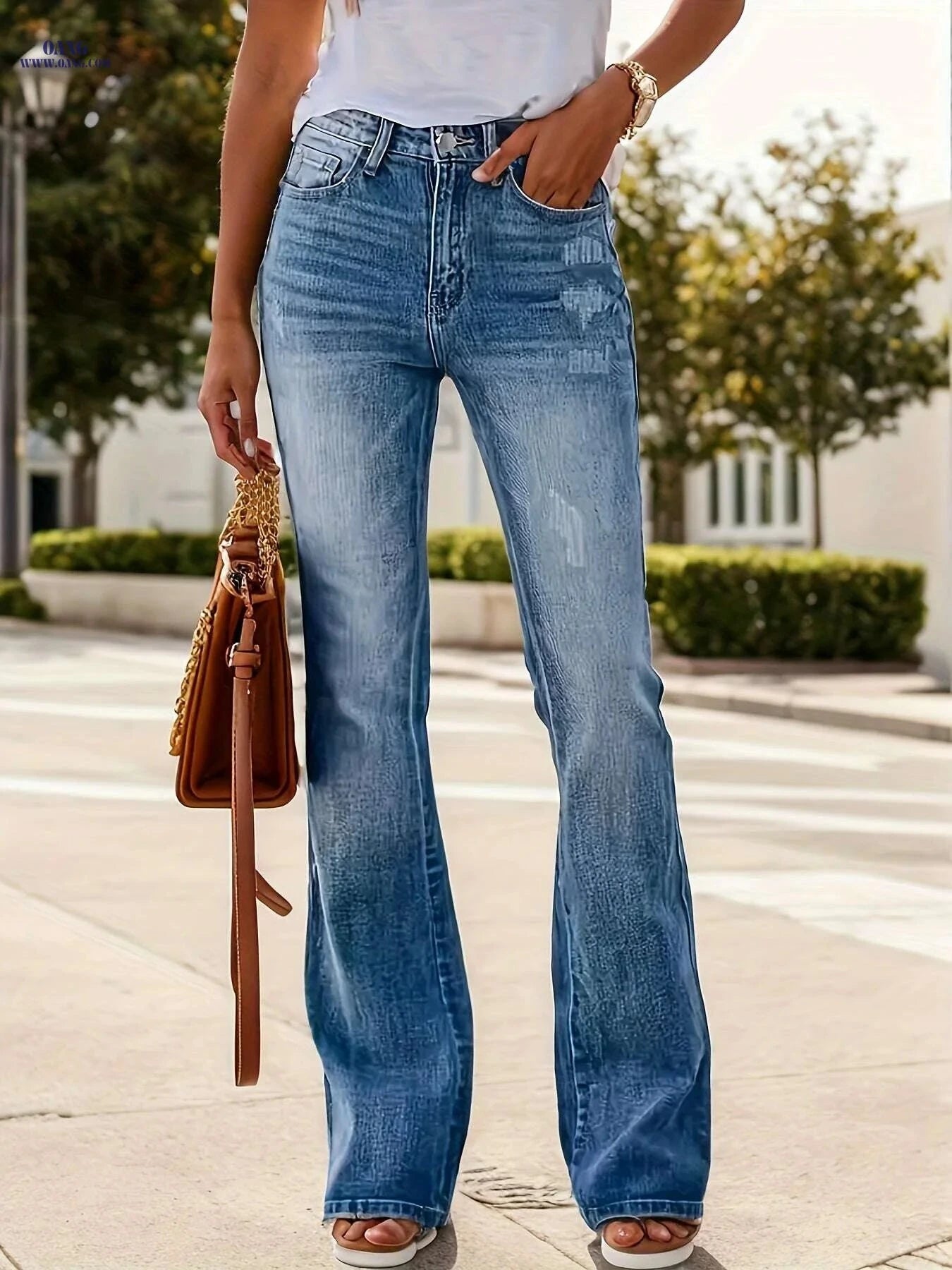 Stretchy Vintage High-Waisted Denim Flare Jeans - Women's Casual Wear   OAXG Peacock Blue / S