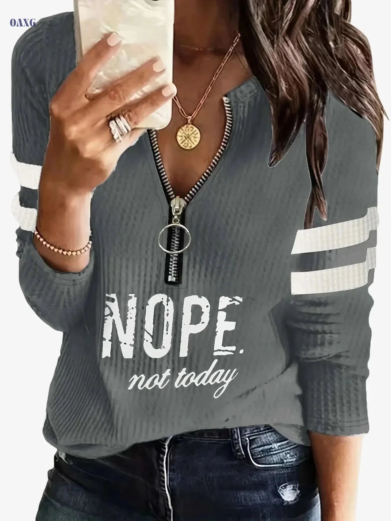 Stripe & Letter Print Zip Front Tee - Casual V-Neck Long Sleeve   OAXG White / S