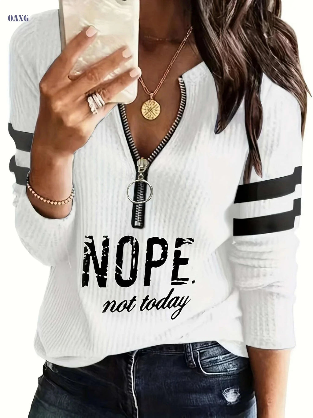 Stripe & Letter Print Zip Front Tee - Casual V-Neck Long Sleeve   OAXG White / S