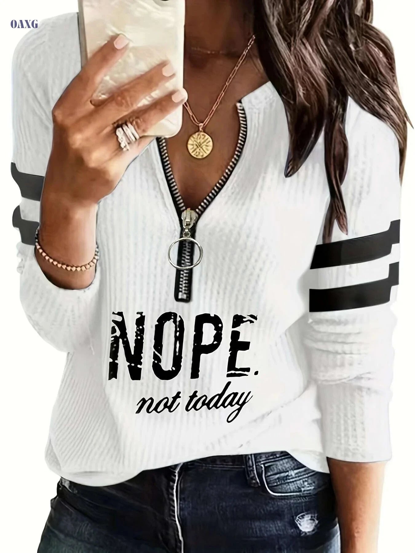 Stripe & Letter Print Zip Front Tee - Casual V-Neck Long Sleeve   OAXG White / S