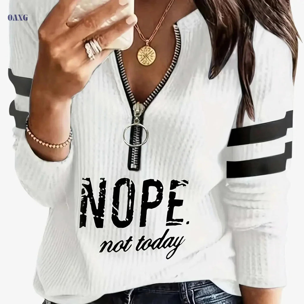 Stripe & Letter Print Zip Front Tee - Casual V-Neck Long Sleeve   OAXG White / S