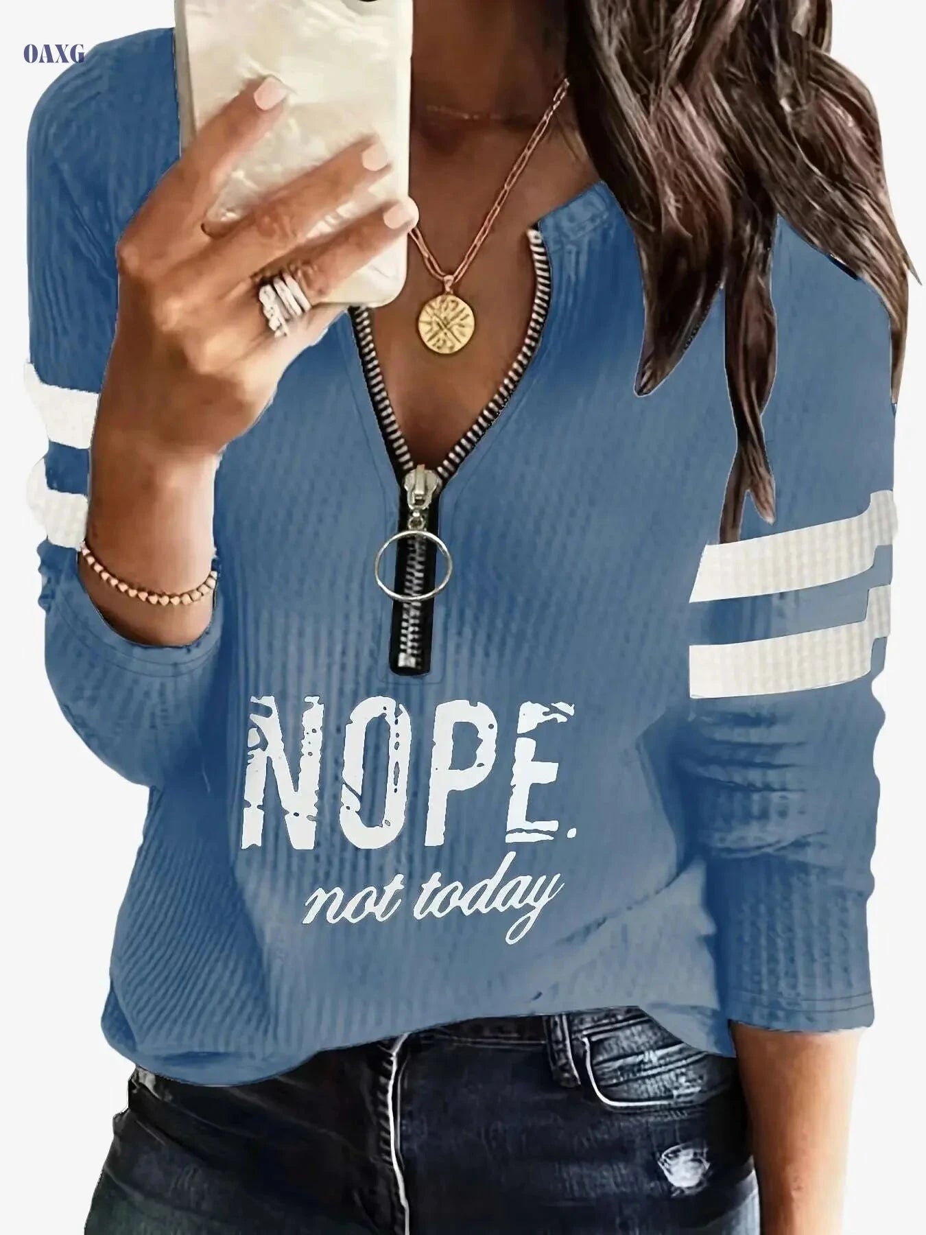 Stripe & Letter Print Zip Front Tee - Casual V-Neck Long Sleeve   OAXG White / S