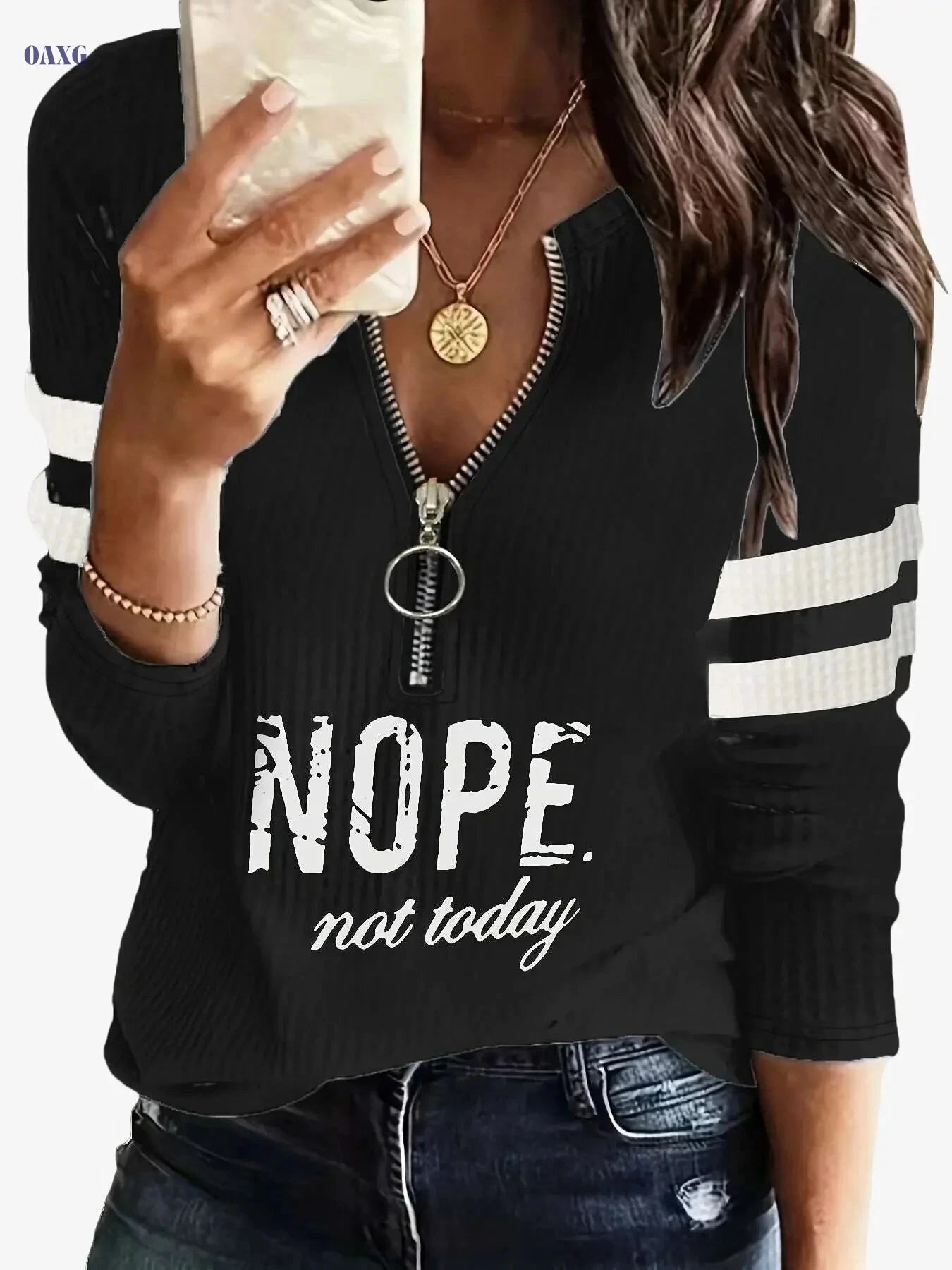 Stripe & Letter Print Zip Front Tee - Casual V-Neck Long Sleeve   OAXG White / S