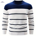 Striped Crew Neck Pullover Sweater for Men - 100% Cotton Warm Top   OAXG Navy Color / FR S