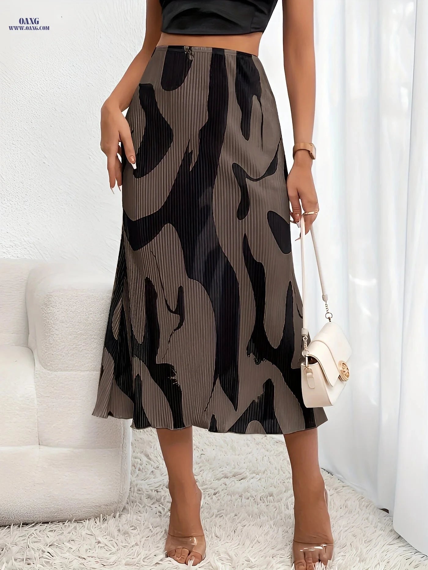 Striped Midi Skirt for Women - Casual Spring/Fall Fashion Style   OAXG Mixed Color 1 / XS