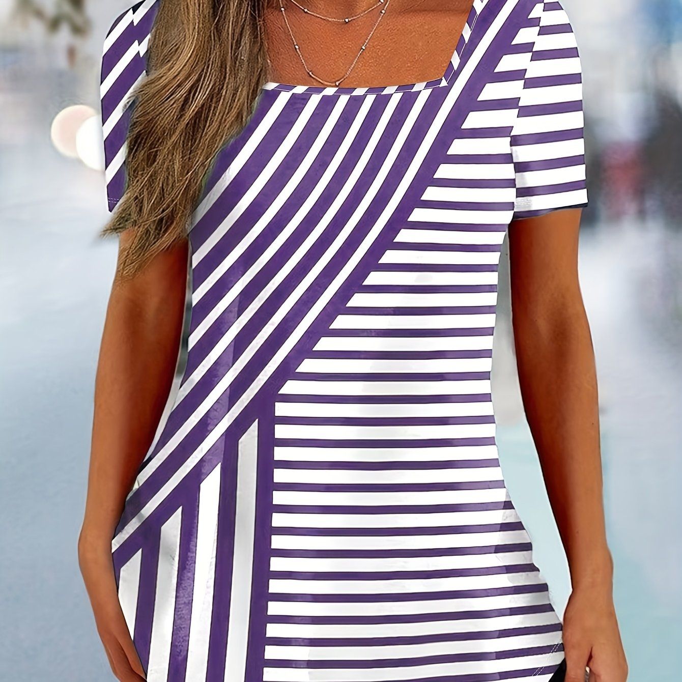 Striped Print Square Neck T-shirt, Casual Short Sleeve Top For Spring & Summer, Women's Clothing   OAXG Mixed colors / S