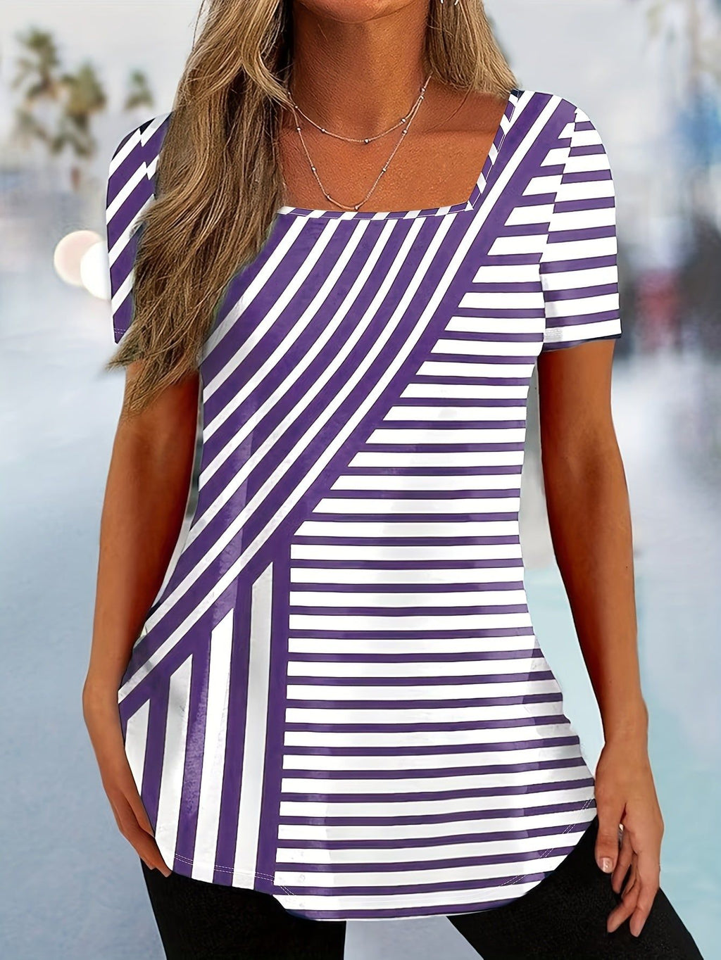 Striped Print Square Neck T-shirt, Casual Short Sleeve Top For Spring & Summer, Women's Clothing   OAXG Mixed colors / S