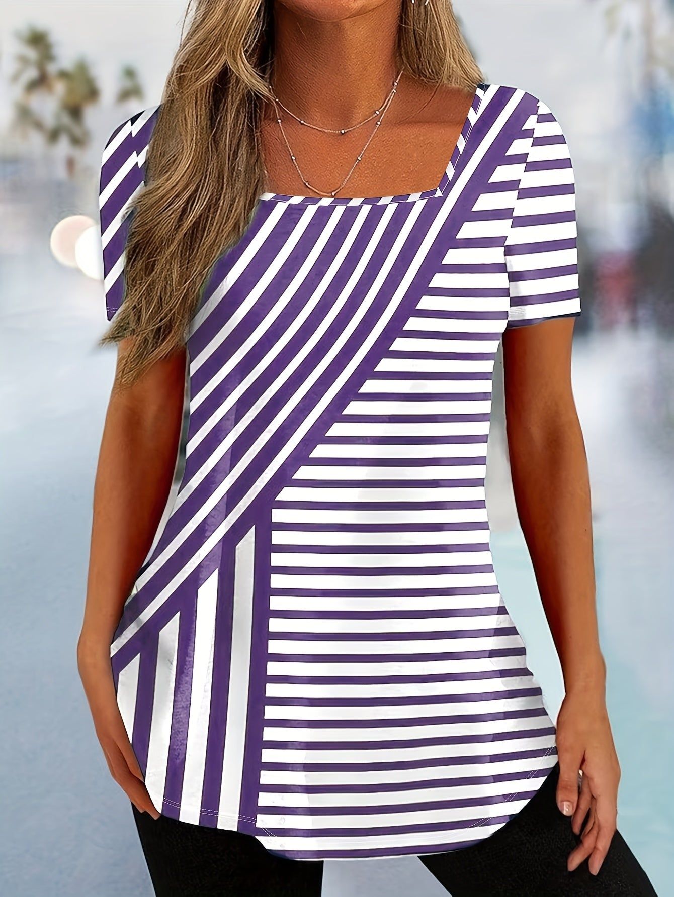 Striped Print Square Neck T-shirt, Casual Short Sleeve Top For Spring & Summer, Women's Clothing   OAXG Mixed colors / S