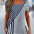 Striped Print Square Neck T-shirt, Casual Short Sleeve Top For Spring & Summer, Women's Clothing   OAXG Mixed colors / S