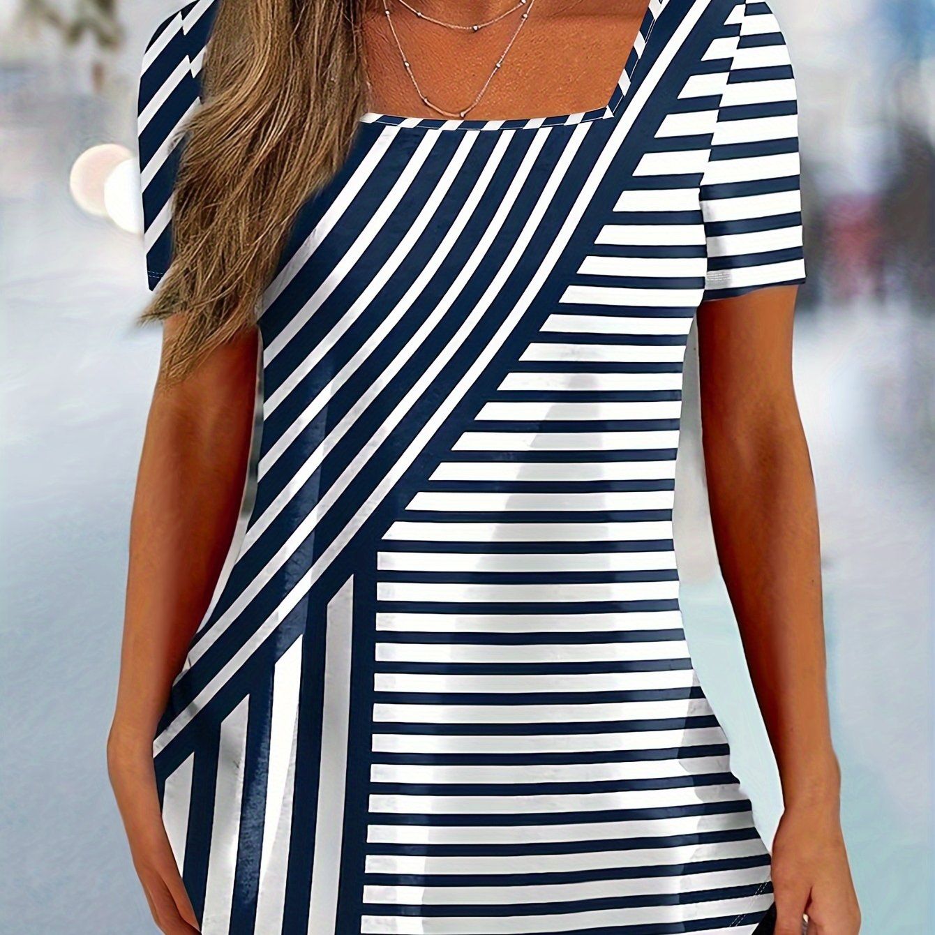 Striped Print Square Neck T-shirt, Casual Short Sleeve Top For Spring & Summer, Women's Clothing   OAXG Mixed colors / S