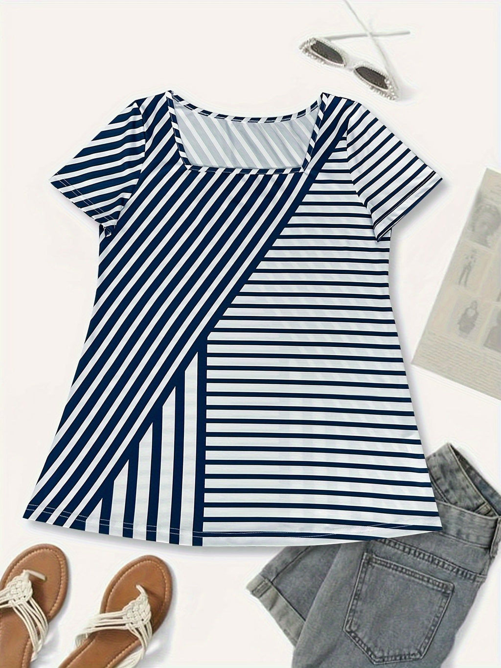 Striped Print Square Neck T-shirt, Casual Short Sleeve Top For Spring & Summer, Women's Clothing   OAXG Mixed colors / S