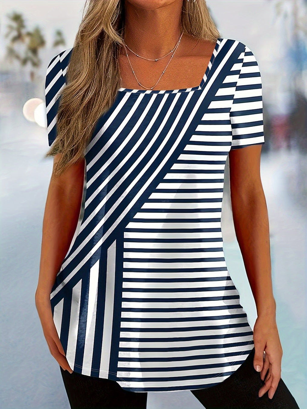 Striped Print Square Neck T-shirt, Casual Short Sleeve Top For Spring & Summer, Women's Clothing   OAXG Mixed colors / S