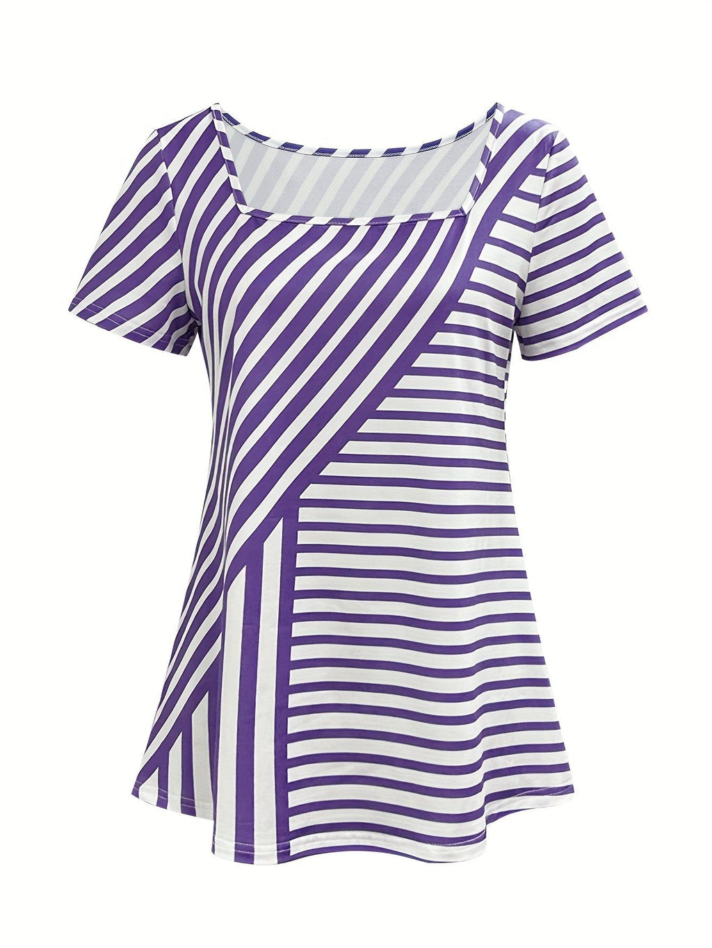 Striped Print Square Neck T-shirt, Casual Short Sleeve Top For Spring & Summer, Women's Clothing   OAXG Mixed colors / S