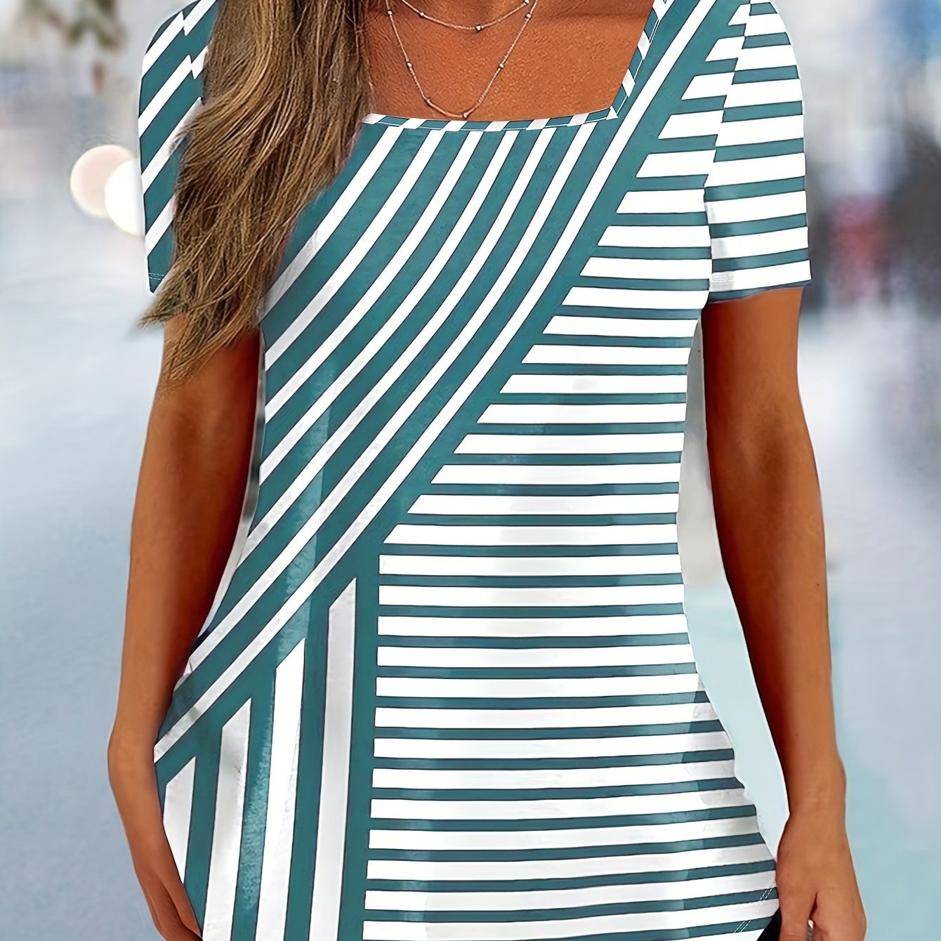 Striped Print Square Neck T-shirt, Casual Short Sleeve Top For Spring & Summer, Women's Clothing   OAXG Mixed colors / S