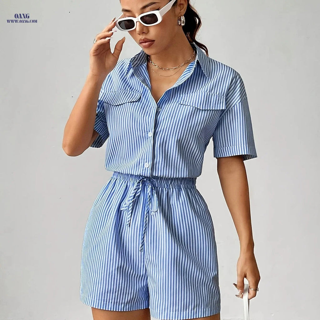 Striped Short-Sleeve Jumpsuit - Fitted Waist, Perfect for Summer   OAXG 